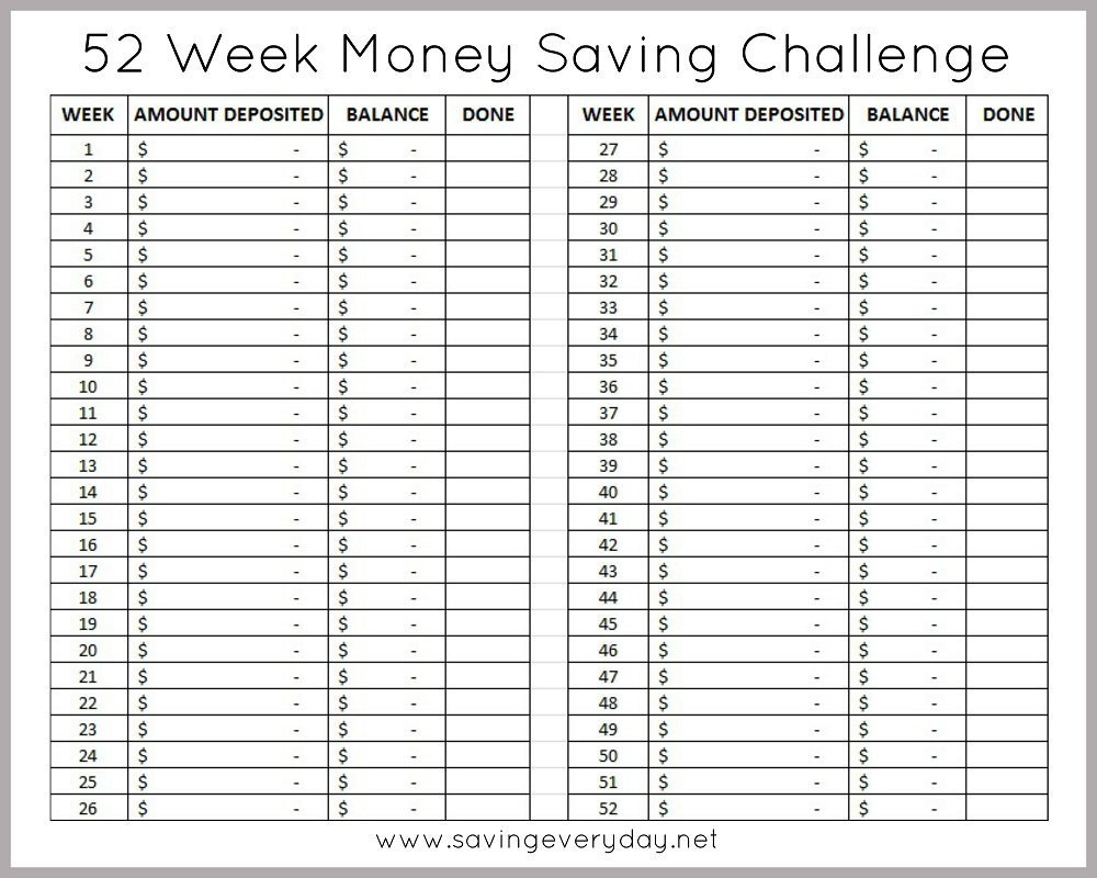 52 Week Money Saving Challenge Printable Sheet sm